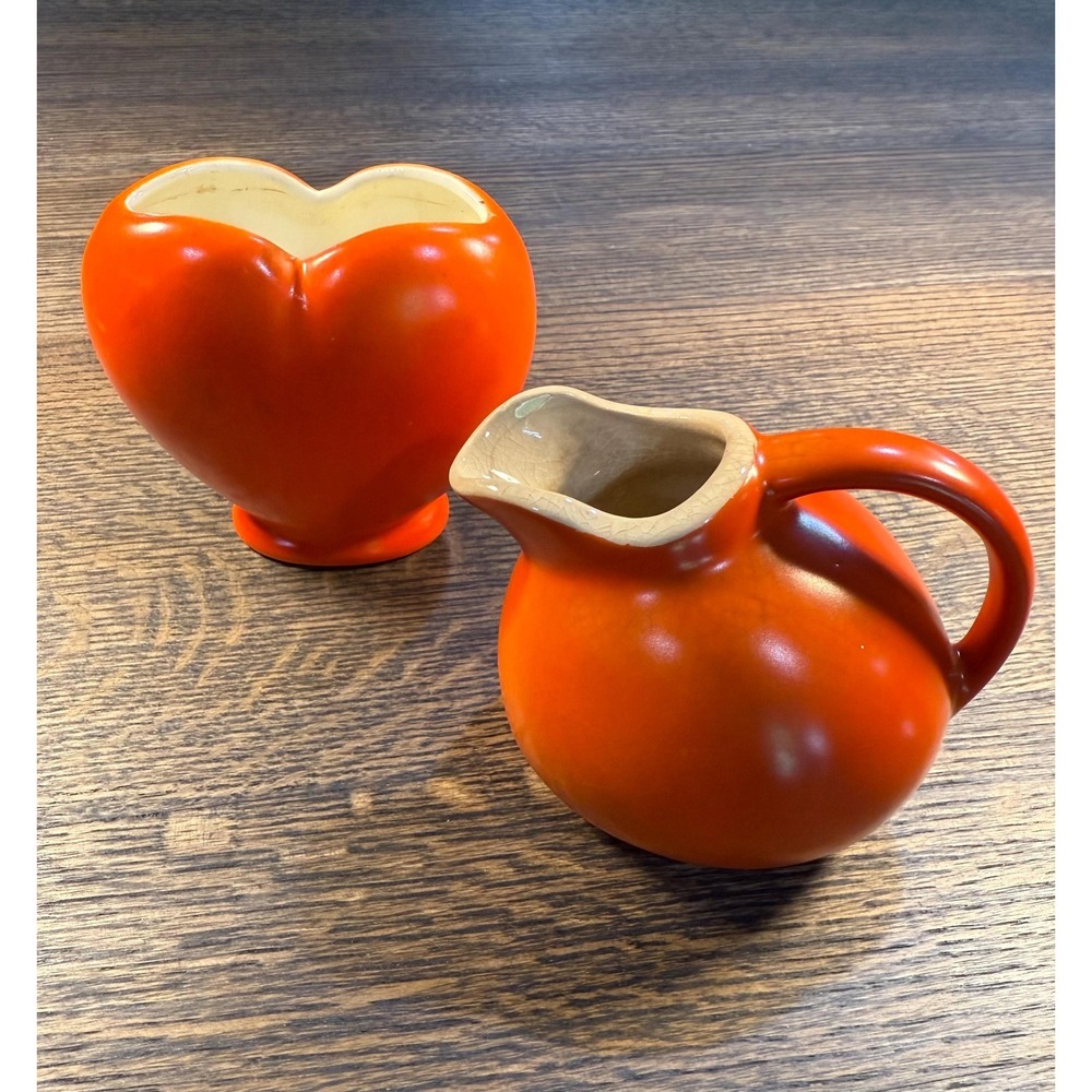 1930s Vintage Orange‎ Heart Vase & Mini Ball Pitcher Set – Retro Ceramic Pottery